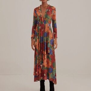 Farm Rio Black Stitched Flowers V Neck Maxi Dress